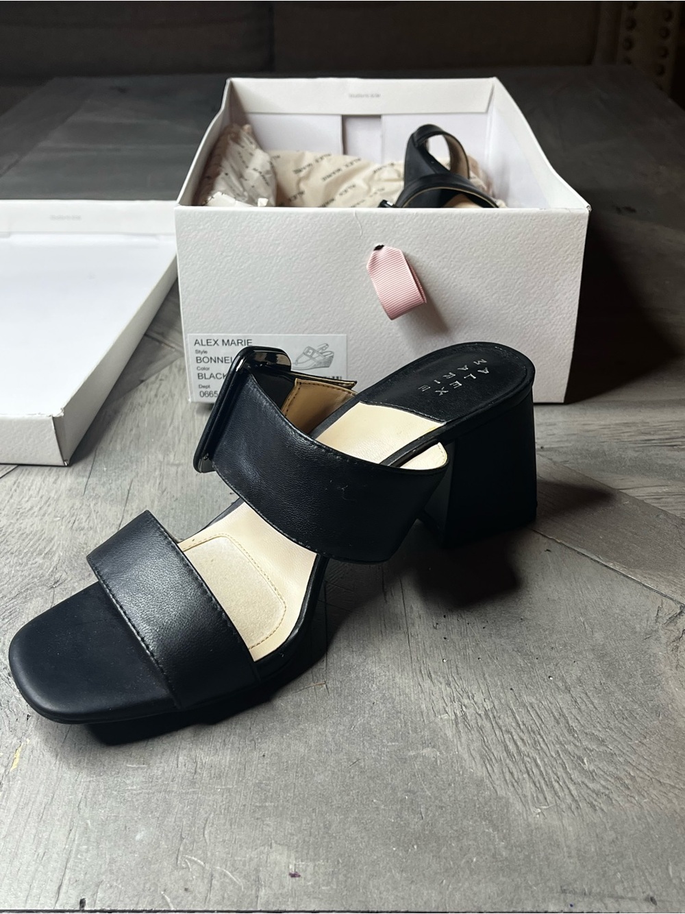 Alex Marie Black Block Heel Slide Sandals